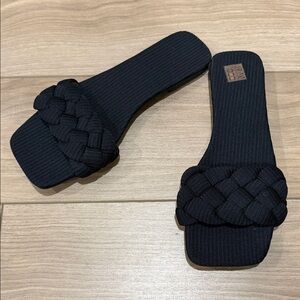 Braided Square-Toe Slide Sandals - Black